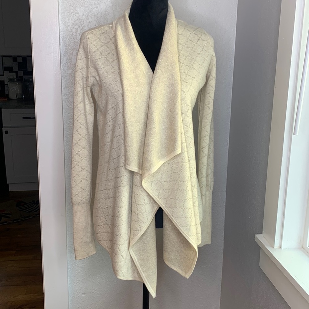 peony cream gold cascade open front knit sweater long sleeves wool blend XS/S
